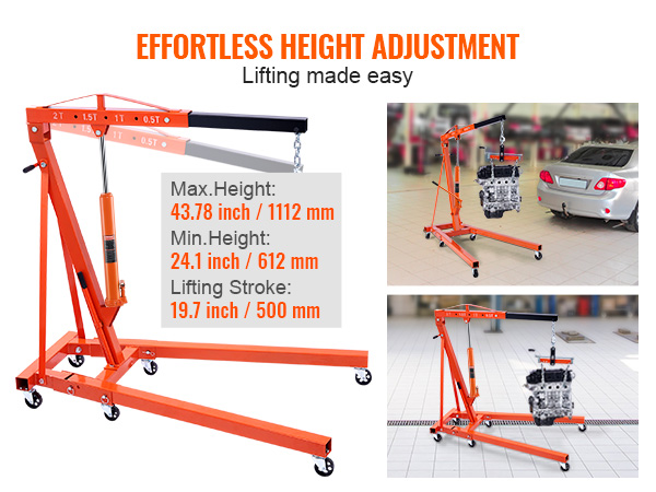 VEVOR hydraulic long ram jack lifting an engine, showcasing max height 43.78" and min height 24.1".