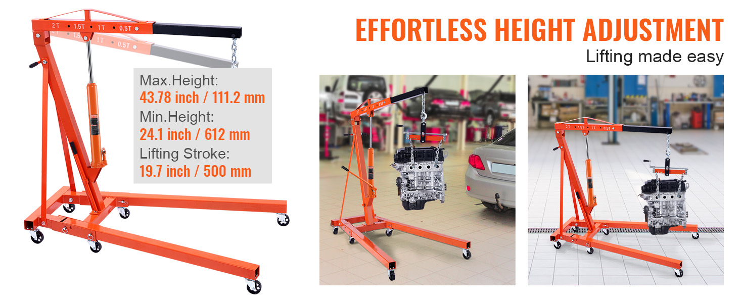 VEVOR hydraulic long ram jack lifting an engine, showcasing max height 43.78" and min height 24.1".