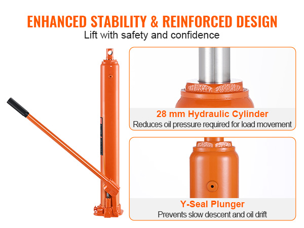VEVOR hydraulic long ram jack with 28 mm hydraulic cylinder and y-seal plunger for enhanced stability.