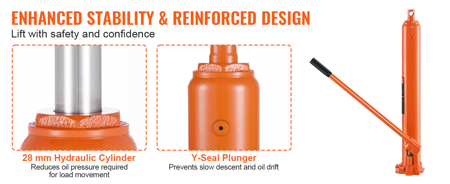 VEVOR hydraulic long ram jack with 28 mm hydraulic cylinder and y-seal plunger for enhanced stability.