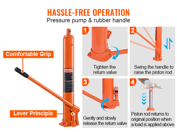 VEVOR hydraulic long ram jack with comfortable grip and lever principle for hassle-free operation.