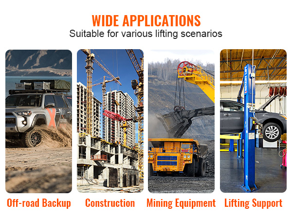 wide applications of VEVOR hydraulic long ram jack: off-road, construction, mining, and car lifts.