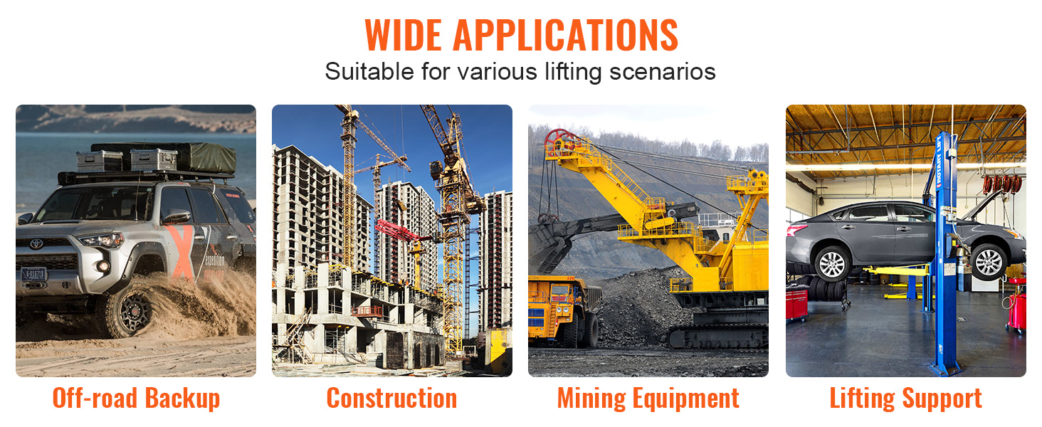 wide applications of VEVOR hydraulic long ram jack: off-road, construction, mining, and car lifts.