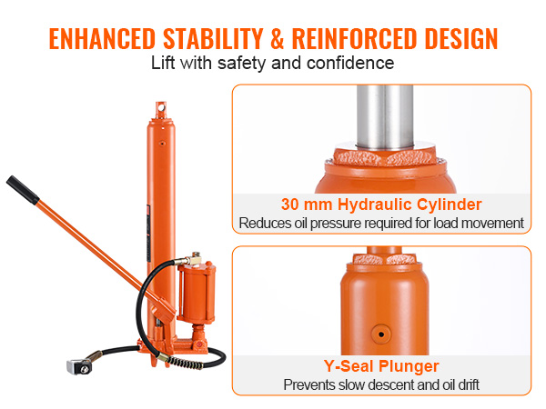 enhanced stability and reinforced design with 30 mm hydraulic cylinder and y-seal plunger. VEVOR hydraulic jack.