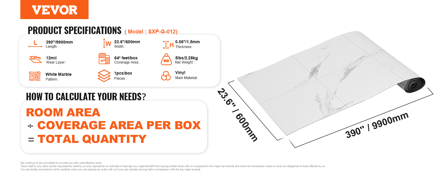 VEVOR self adhesive vinyl floor tiles white marble, 390" x 23.6", coverage 642 sq ft per box