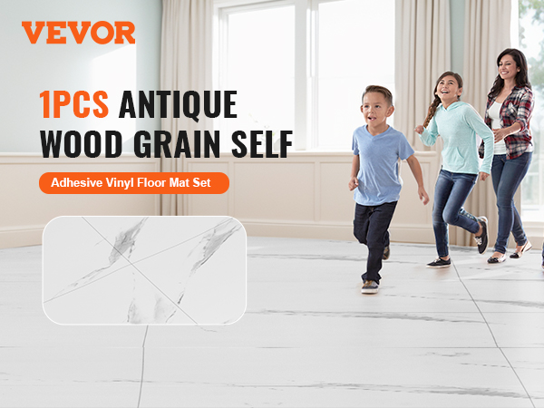 VEVOR self adhesive vinyl floor tiles in a bright living room with family walking across the floor.