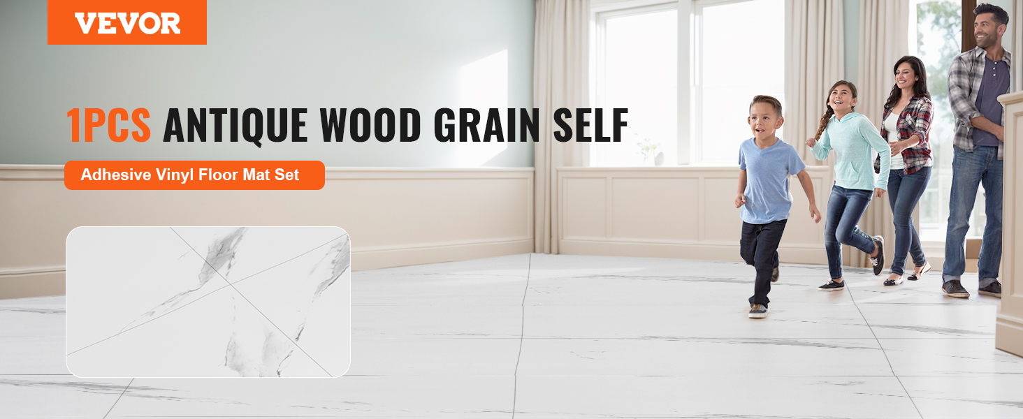 VEVOR self adhesive vinyl floor tiles in a bright living room with family walking across the floor.