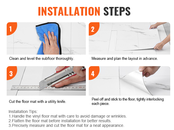 installation steps for VEVOR self adhesive vinyl floor tiles: clean, measure, cut, peel, and stick.