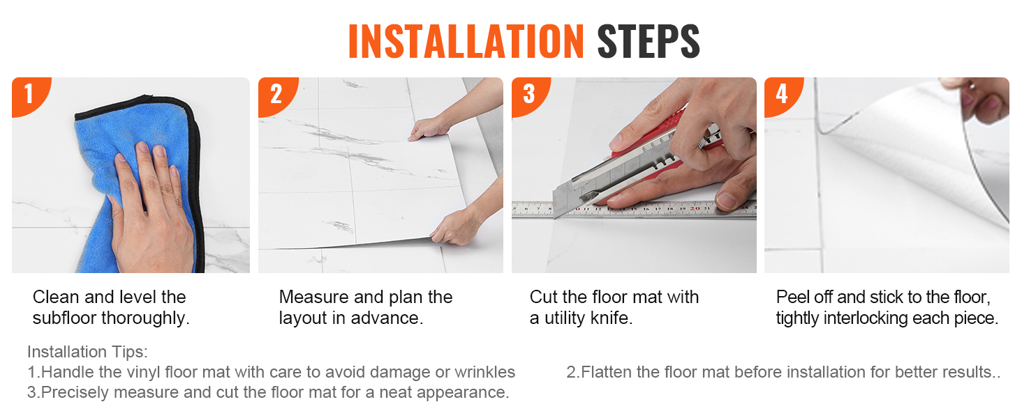 installation steps for VEVOR self adhesive vinyl floor tiles: clean, measure, cut, peel, and stick.