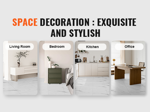 modern decor with VEVOR self adhesive vinyl floor tiles in living room, bedroom, kitchen, and office.