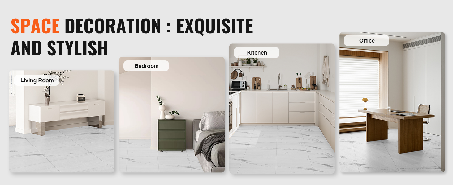 modern decor with VEVOR self adhesive vinyl floor tiles in living room, bedroom, kitchen, and office.