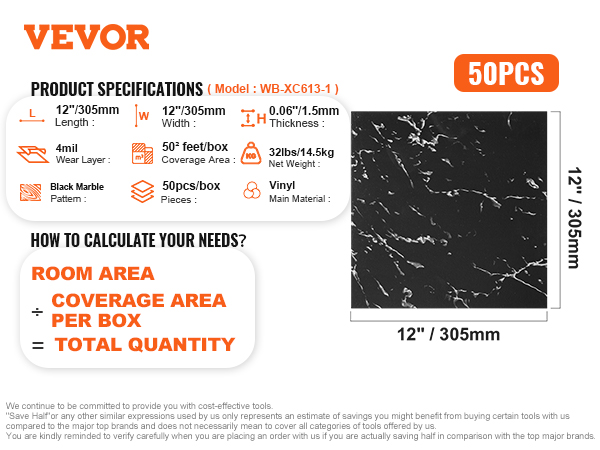 VEVOR self adhesive vinyl floor tiles, 12" x 305mm, black marble pattern, 50pcs per box.