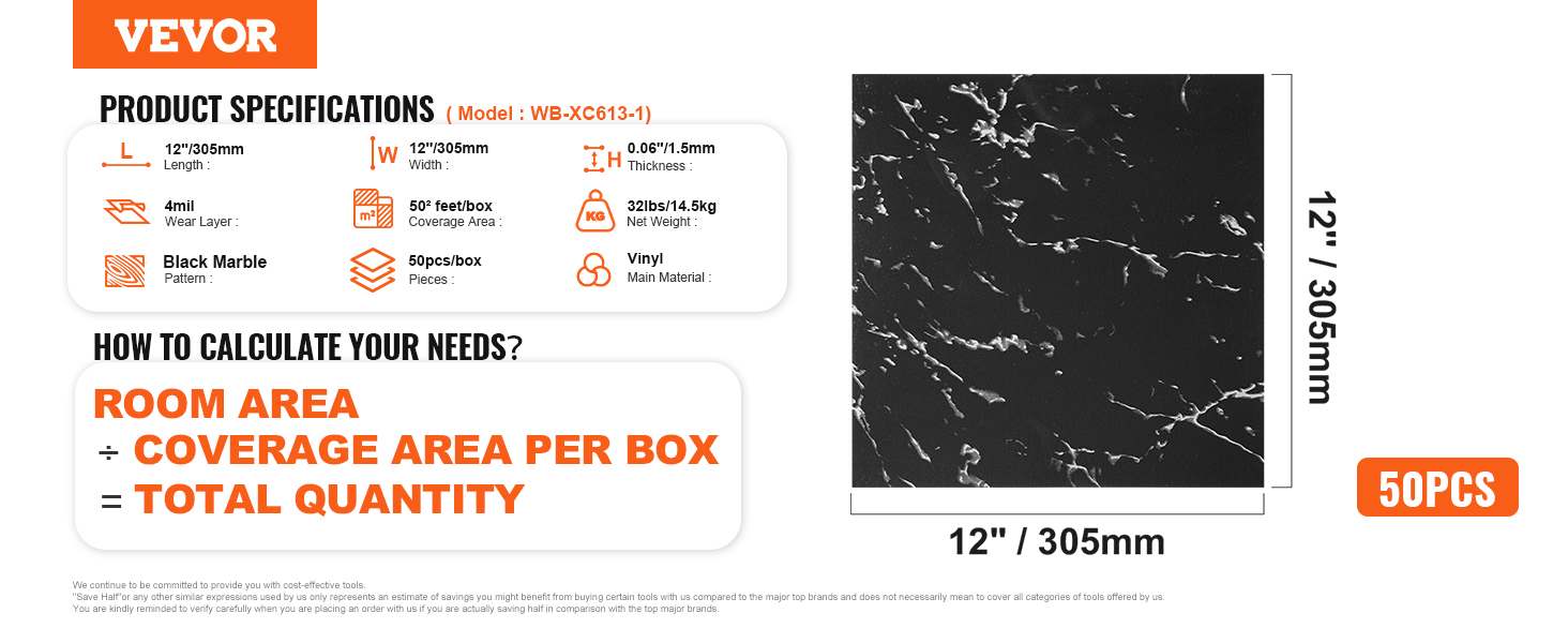 VEVOR self adhesive vinyl floor tiles, 12" x 305mm, black marble pattern, 50pcs per box.