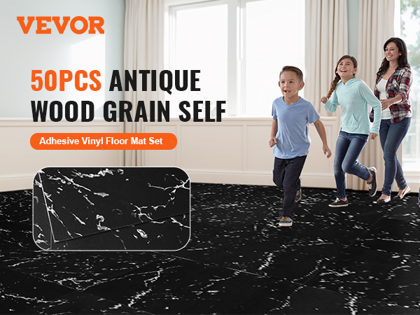 VEVOR self adhesive vinyl floor tiles, 50pcs antique wood grain, with family walking on black marbled surface.