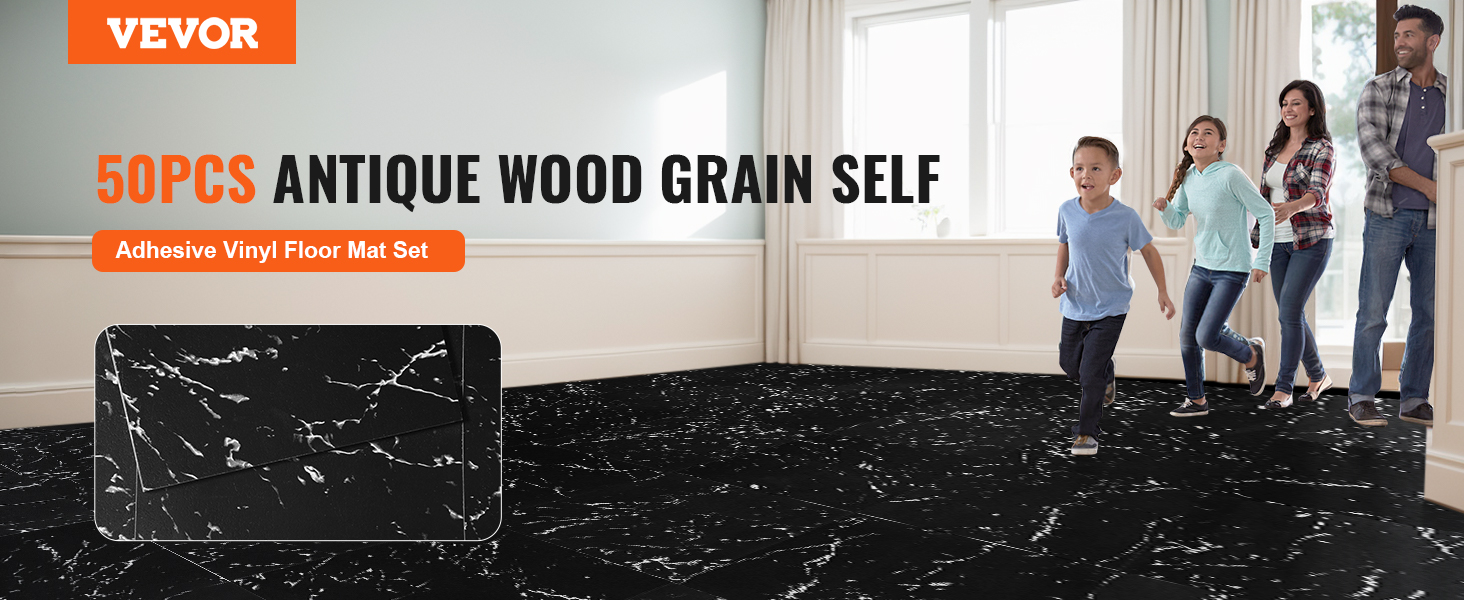 VEVOR self adhesive vinyl floor tiles, 50pcs antique wood grain, with family walking on black marbled surface.