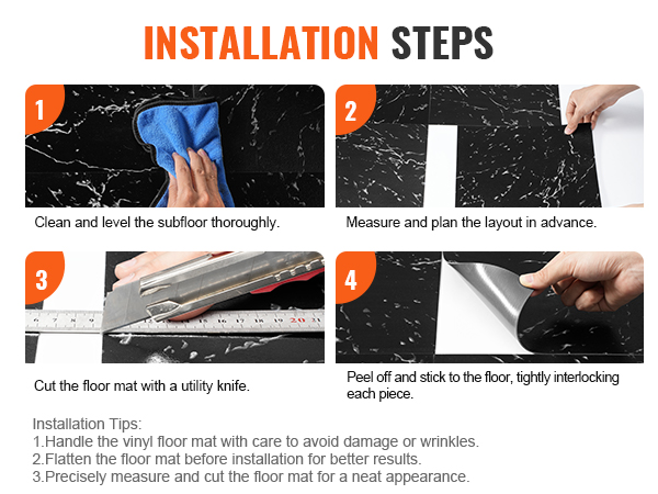 installation steps for VEVOR self adhesive vinyl floor tiles: clean, measure, cut, and peel/stick each tile.