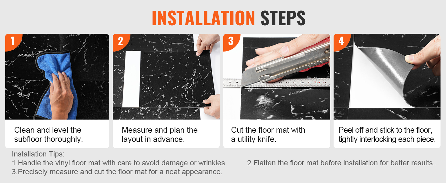 installation steps for VEVOR self adhesive vinyl floor tiles: clean, measure, cut, and peel/stick each tile.