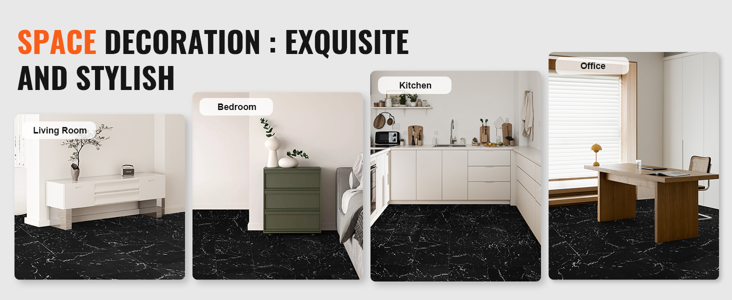 space decoration: VEVOR self adhesive vinyl floor tiles in living room, bedroom, kitchen, office.