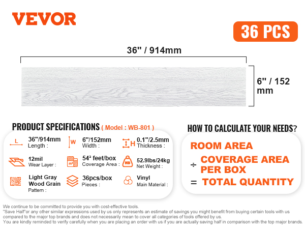 VEVOR vinyl floor tiles, light gray wood grain, 36 pcs, 36"x6", 12mil wear layer, vinyl construction.