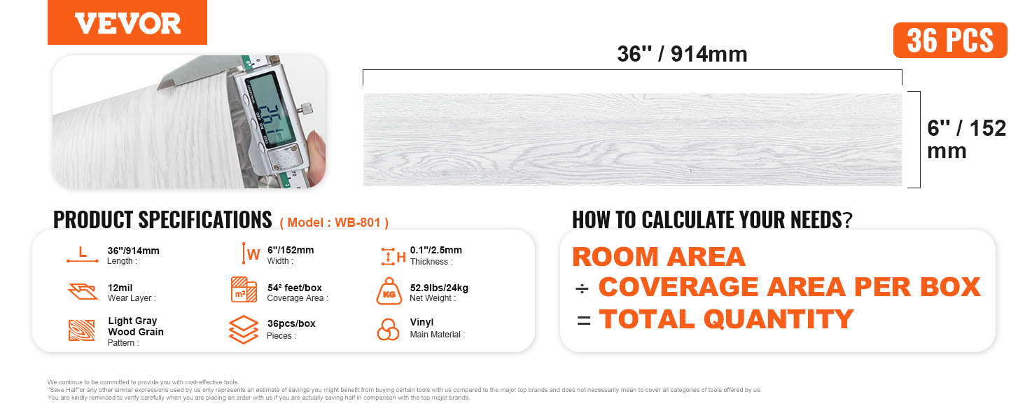 VEVOR vinyl floor tiles, light gray wood grain, 36 pcs, 36"x6", 12mil wear layer, vinyl construction.
