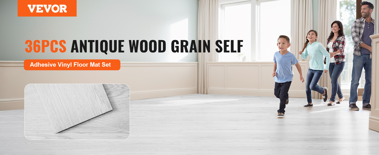 VEVOR 36pcs antique wood grain self-adhesive vinyl floor mat set in a family room.