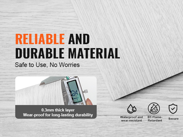 VEVOR vinyl floor tiles, reliable and durable material, waterproof, wear-resistant, and flame-retardant.
