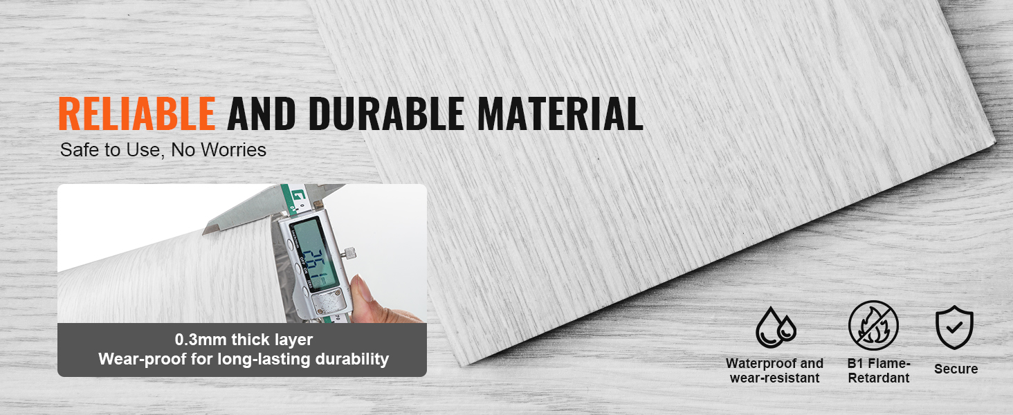 VEVOR vinyl floor tiles, reliable and durable material, waterproof, wear-resistant, and flame-retardant.