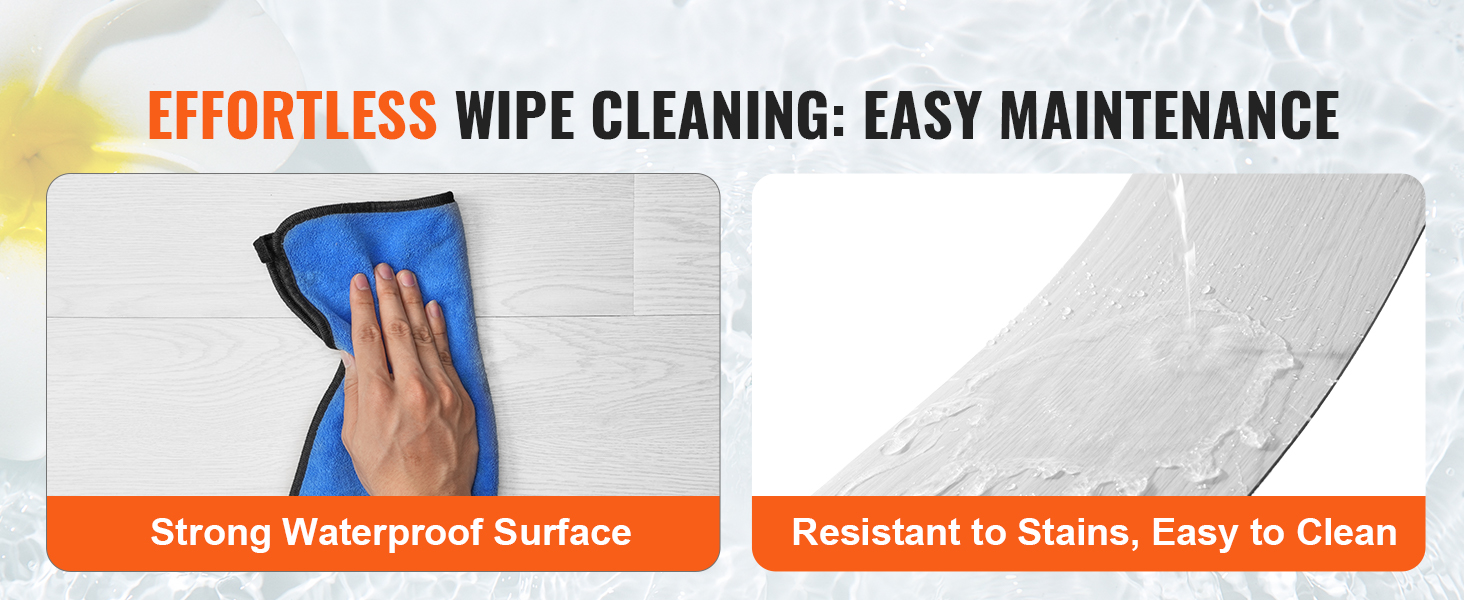 effortless cleaning of VEVOR vinyl floor tiles with a waterproof surface, resistant to stains, and easy to clean.