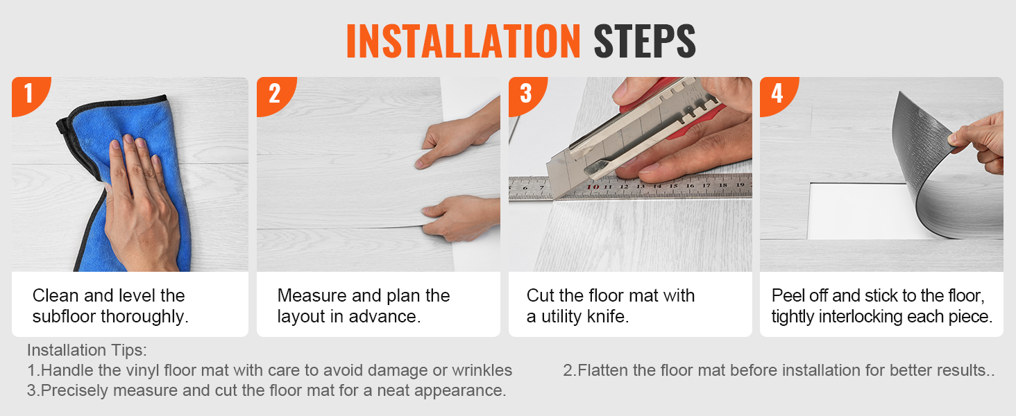 installation steps for VEVOR vinyl floor tiles: clean subfloor, measure, cut with utility knife, stick tiles.