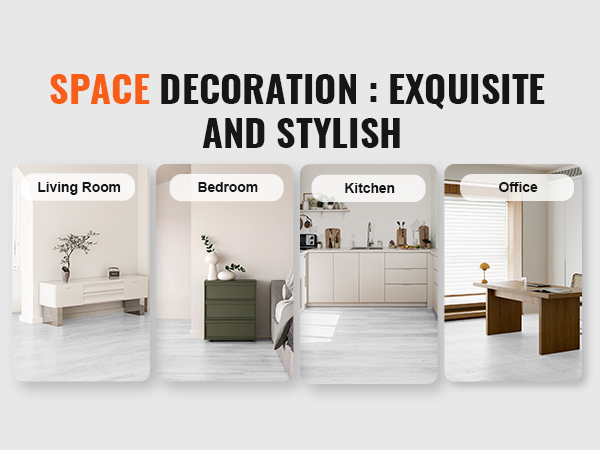 VEVOR vinyl floor tiles: stylish living room, bedroom, kitchen, and office decor ideas.