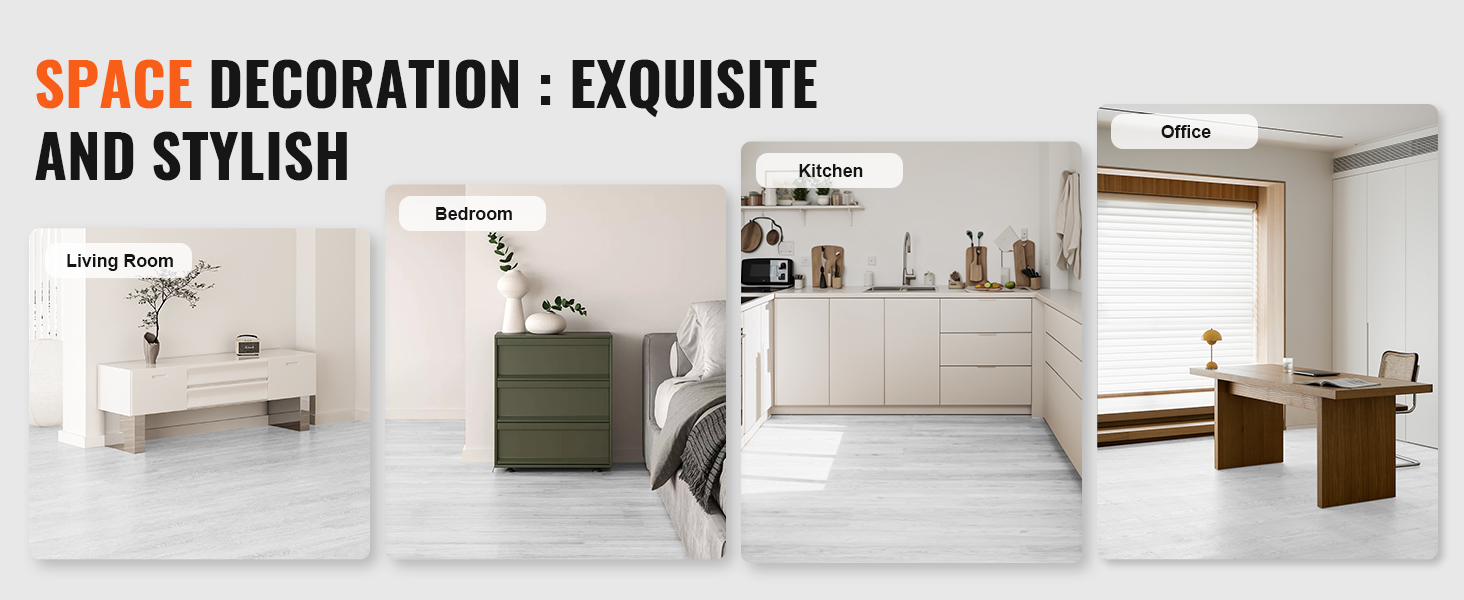 VEVOR vinyl floor tiles: stylish living room, bedroom, kitchen, and office decor ideas.