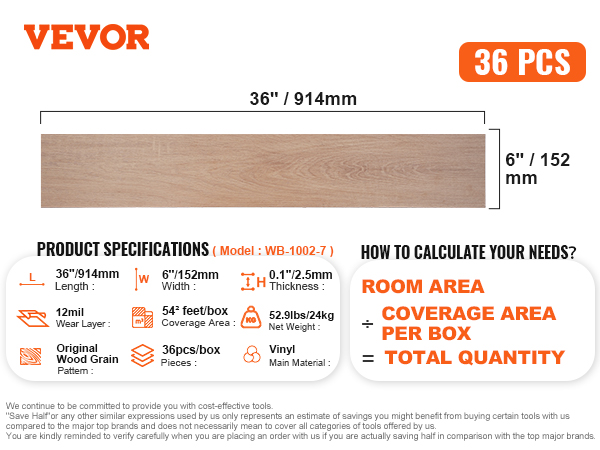 VEVOR self adhesive vinyl floor tiles, 36"x6", 52.9lbs, 0.1" thickness, original wood grain pattern.