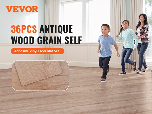 VEVOR self adhesive vinyl floor tiles, 36pcs antique wood grain set in a bright family room.