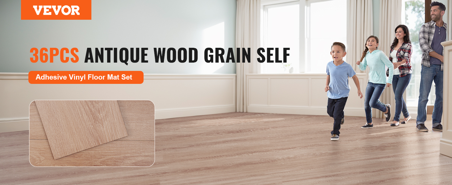 VEVOR self adhesive vinyl floor tiles, 36pcs antique wood grain set in a bright family room.