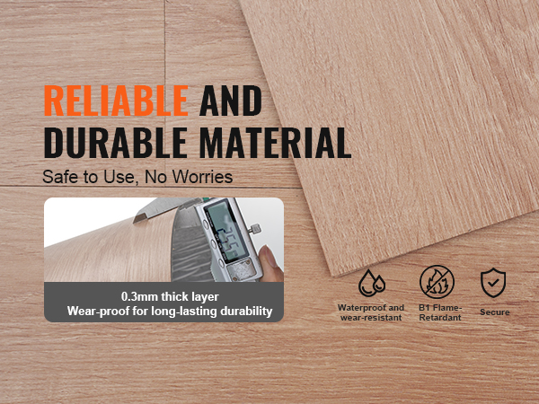 VEVOR self adhesive vinyl floor tiles in light wood pattern, waterproof, wear-resistant, and flame-retardant.