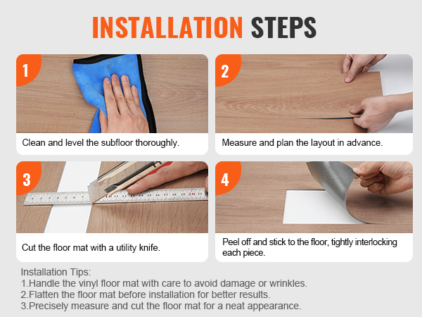 installation steps for VEVOR self adhesive vinyl floor tiles with subfloor preparation and cutting.