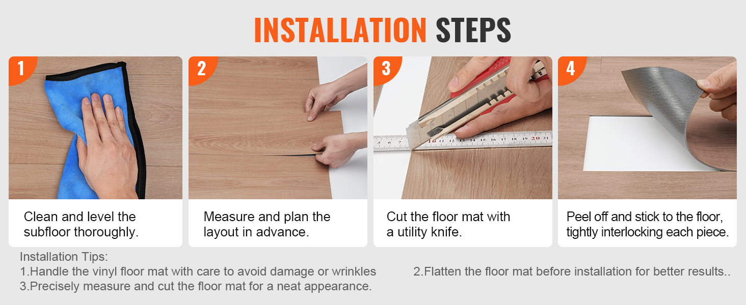 installation steps for VEVOR self adhesive vinyl floor tiles with subfloor preparation and cutting.