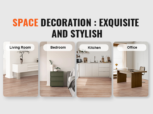 space decorated with VEVOR self adhesive vinyl floor tiles in living room, bedroom, kitchen, and office.