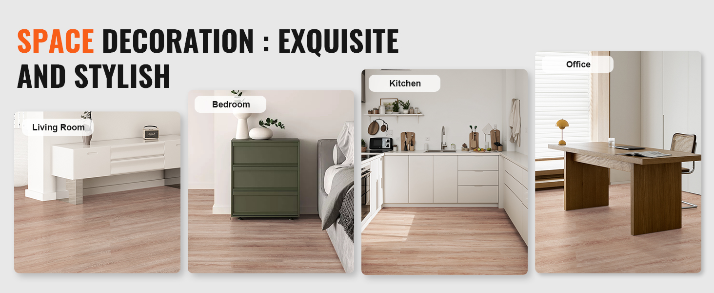 space decorated with VEVOR self adhesive vinyl floor tiles in living room, bedroom, kitchen, and office.
