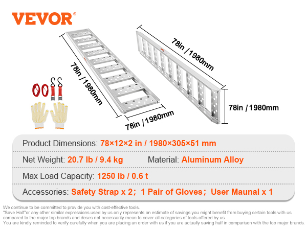 VEVOR aluminum loading ramps: 1980mm long, 305mm wide, max load 1250lbs, includes safety straps and gloves.