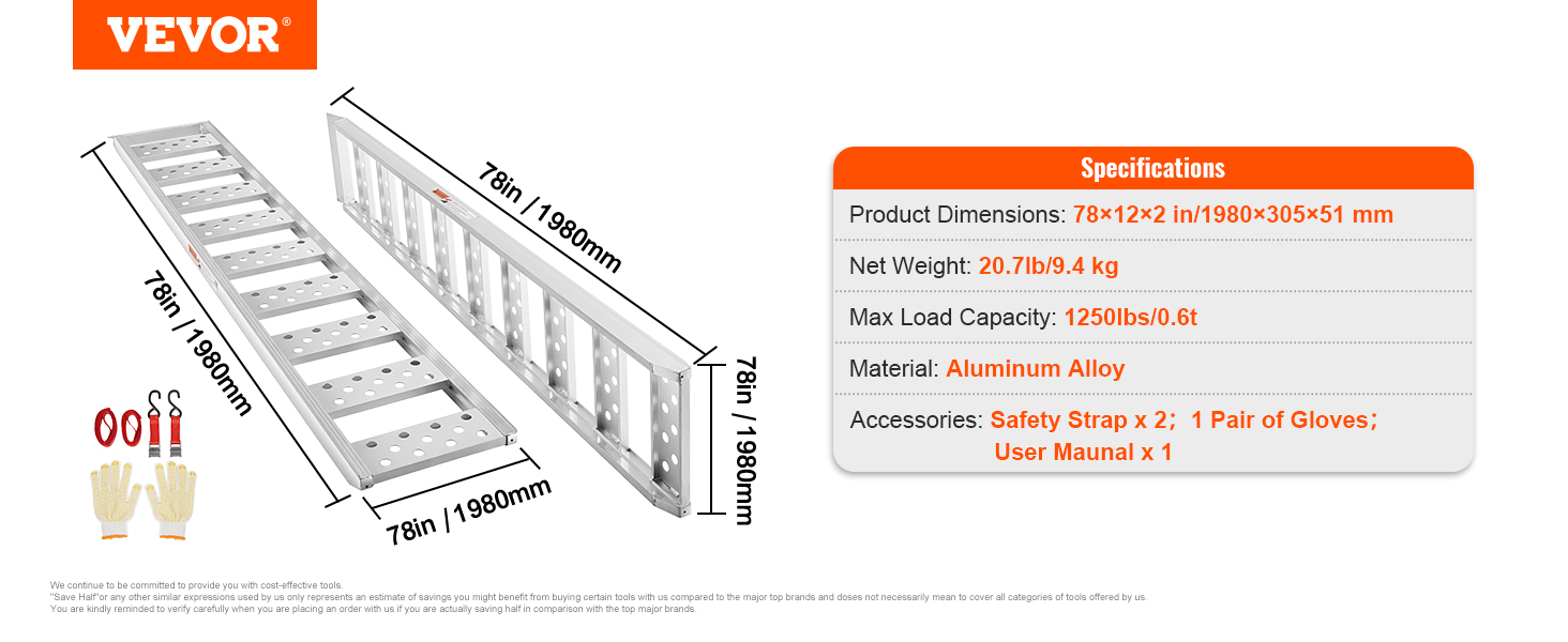 VEVOR aluminum loading ramps: 1980mm long, 305mm wide, max load 1250lbs, includes safety straps and gloves.