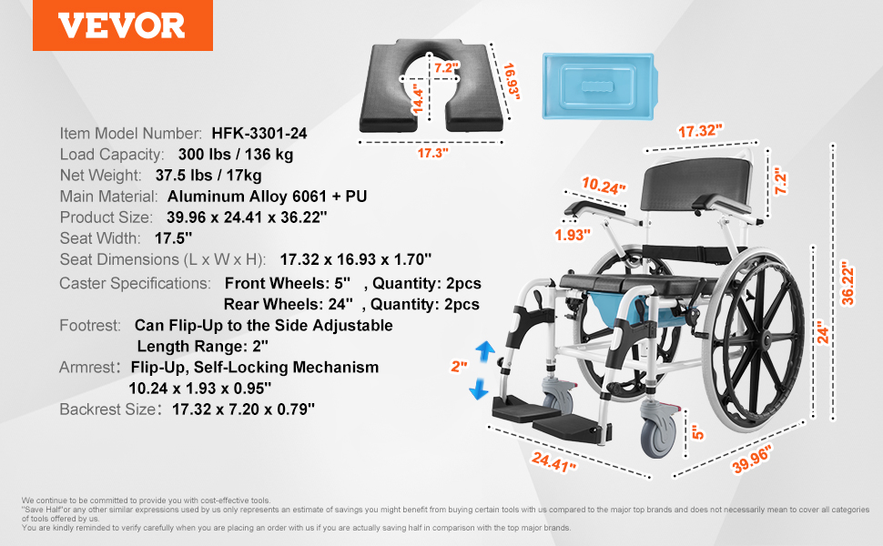 VEVOR shower wheelchair product details and dimensions, featuring aluminum alloy frame and adjustable footrest.