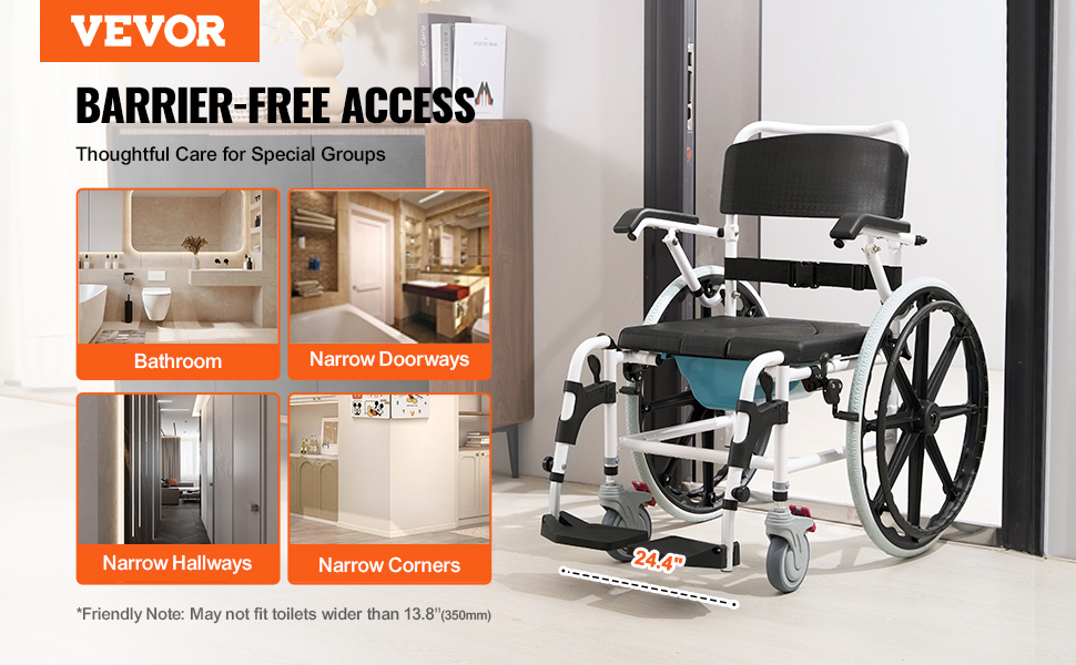 VEVOR shower wheelchair with barrier-free access for bathroom, narrow doorways, hallways, and corners.