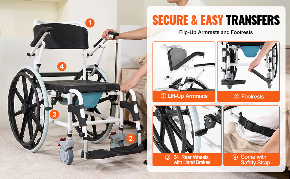 VEVOR shower wheelchair with lift-up armrests, footrests, 24" rear wheels with hand brakes, and safety strap.
