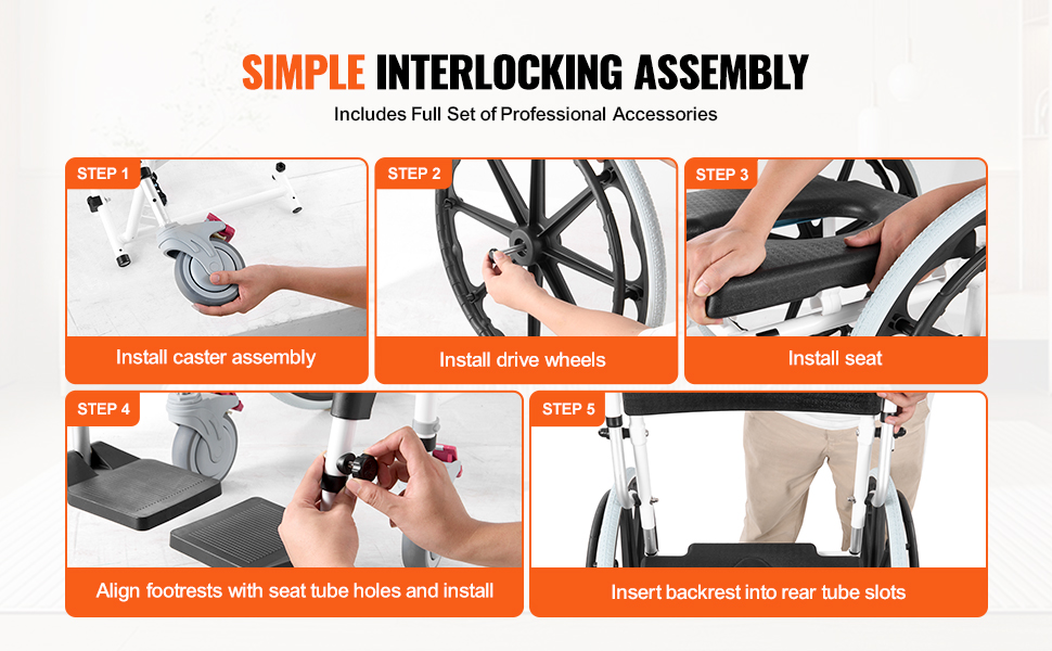 VEVOR shower wheelchair assembly guide with steps for caster, wheels, seat, footrests, and backrest.