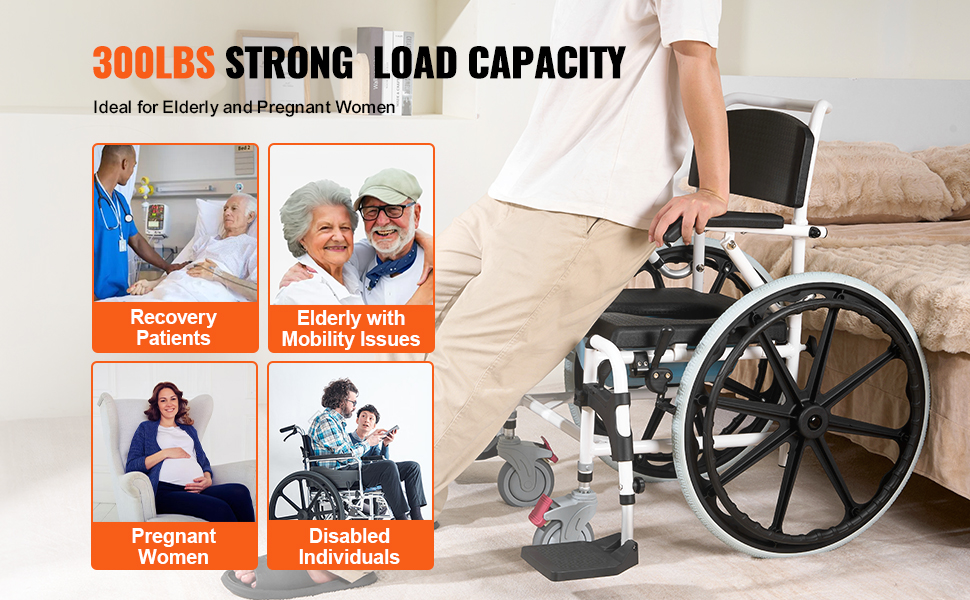 VEVOR shower wheelchair with 300lbs capacity for elderly, pregnant women, recovery patients, and disabled individuals.