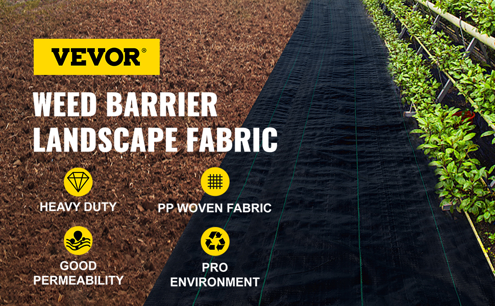 VEVOR weed barrier fabric beside mulched ground and plantation, highlighting features.