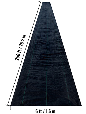 VEVOR weed barrier fabric, 6ft by 250ft, black with green guide lines.