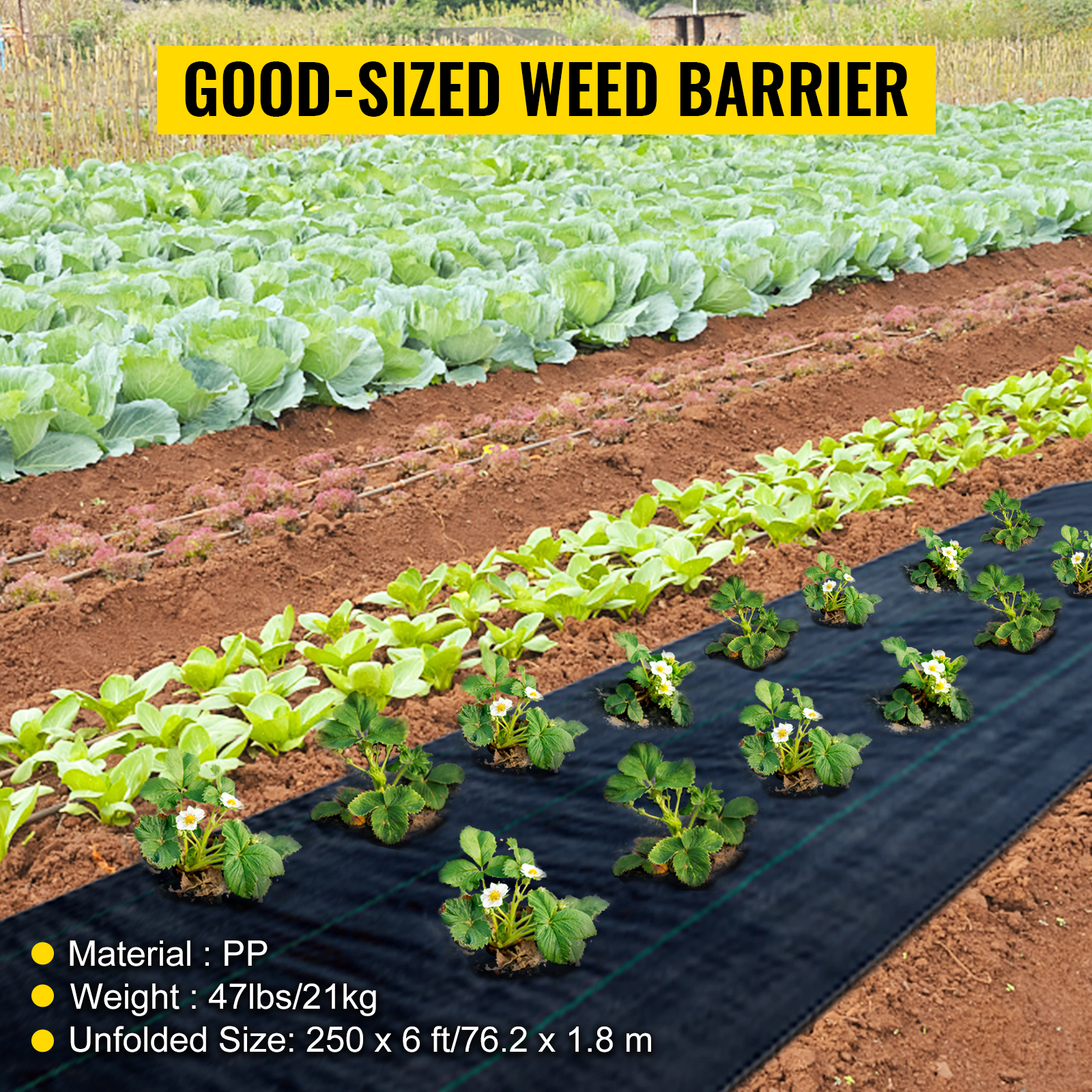 VEVOR weed barrier fabric in vegetable garden with various crops and listed specifications.