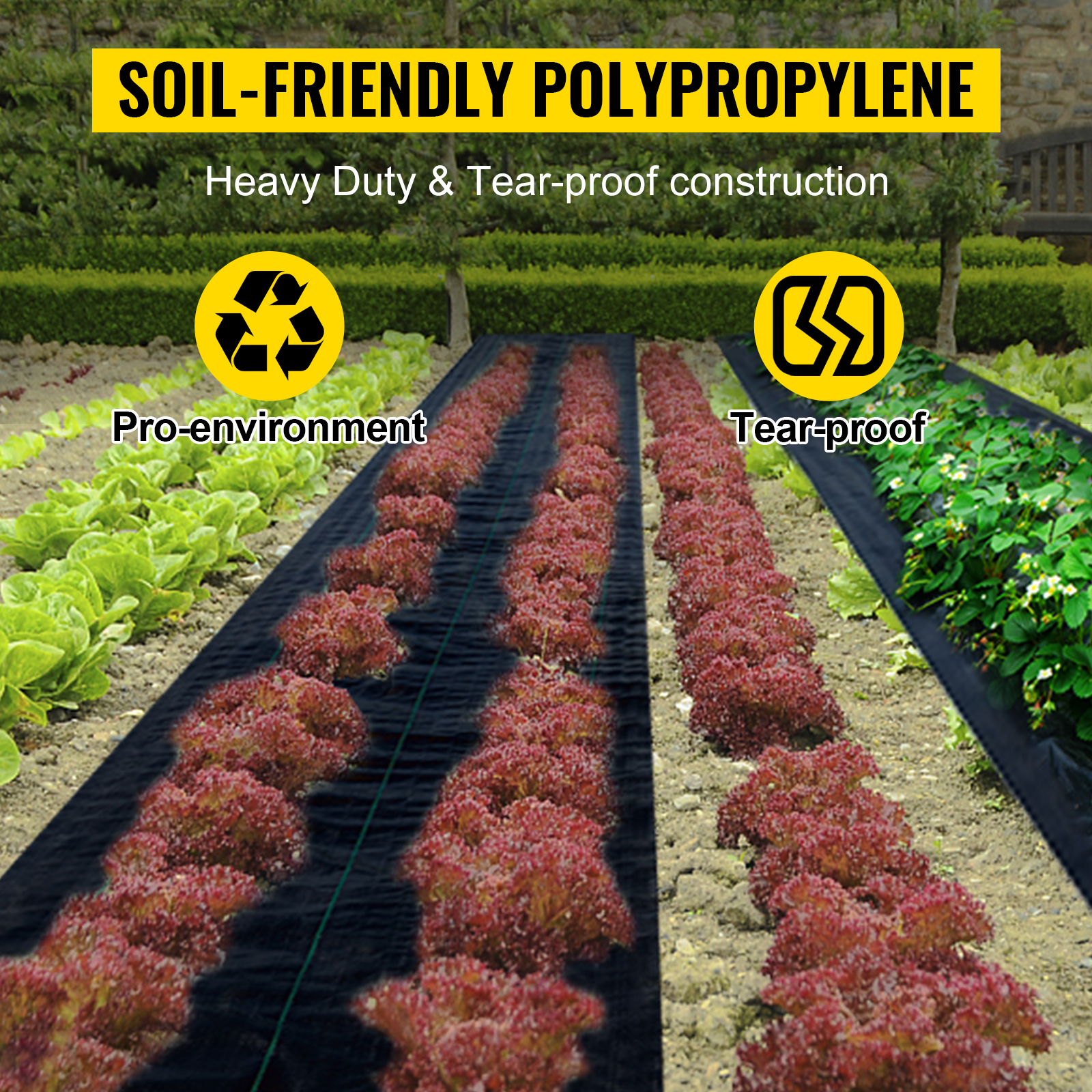 VEVOR weed barrier fabric in a garden with soil-friendly polypropylene rows.